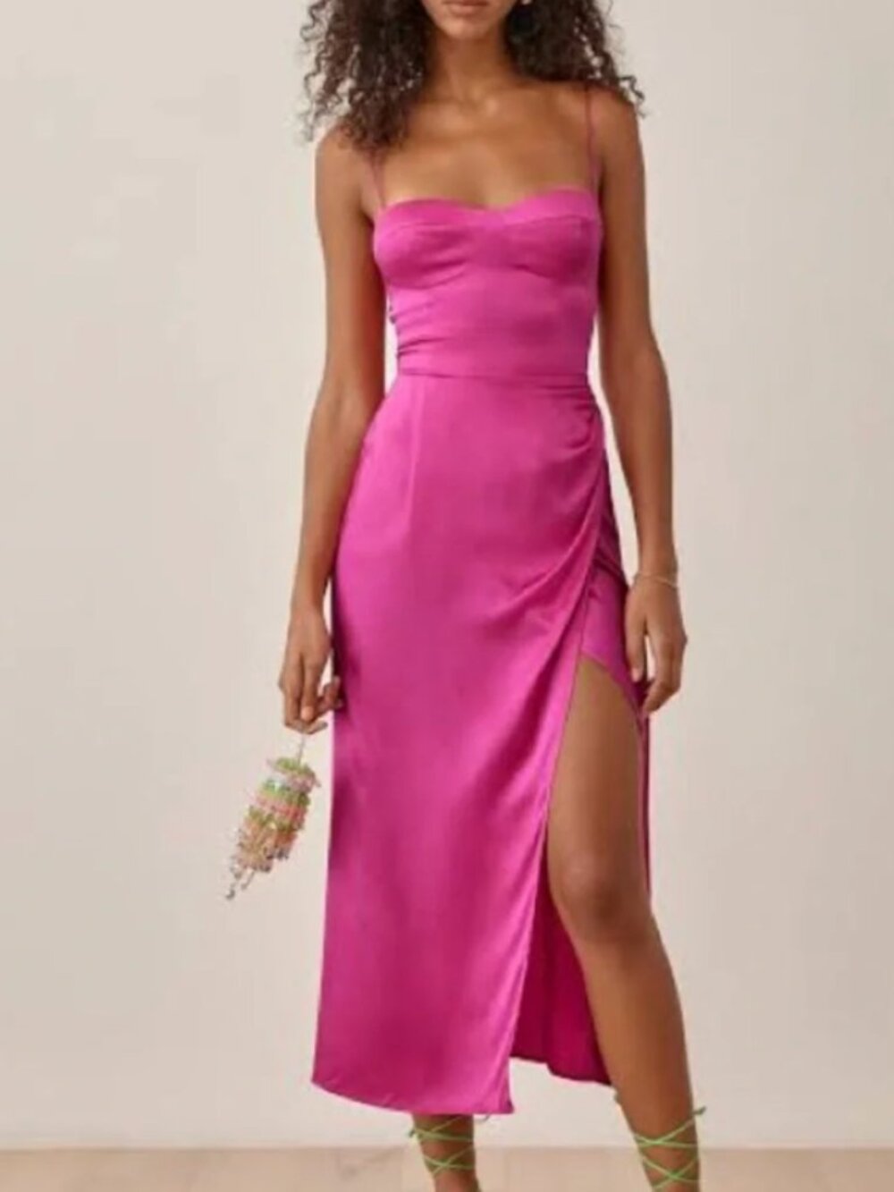 Reformation Marguerite Satin Midi Slip Dress with Tie Straps - Magenta - Size 8